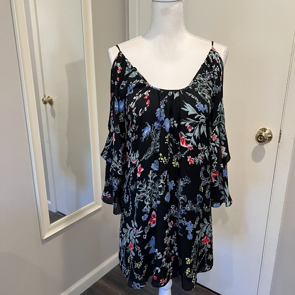 Parker Black Agave Floral Cold Shoulder Silk Mini Dress, Size Small - Picture 7 of 16